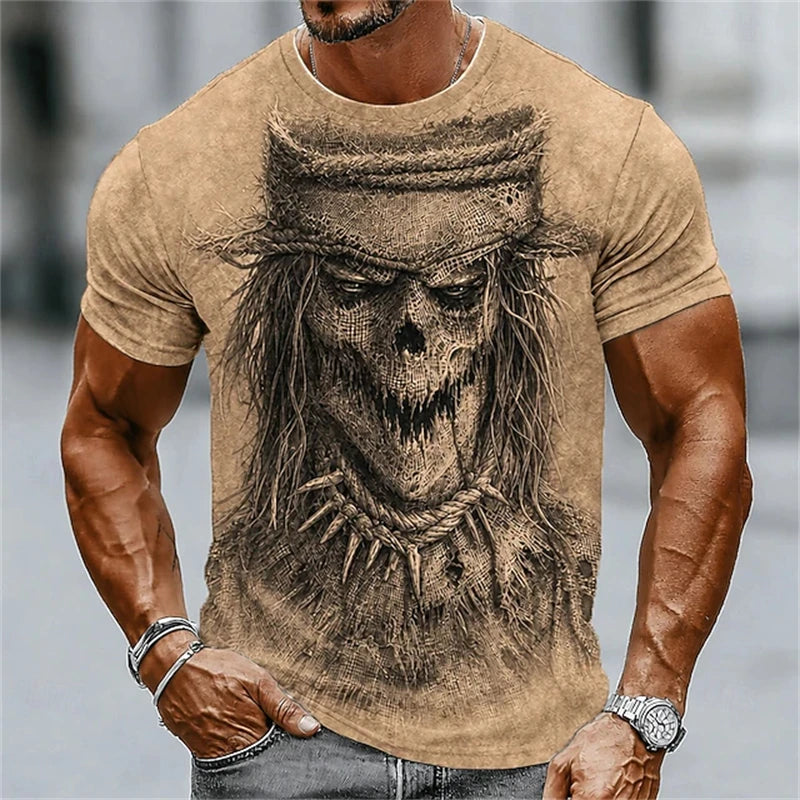 New Men's Halloween Crew-Neck Short-Sleeve T-Shirt Soldier Skull Blood Splatter Print Casual Streetwear Holiday Party Top