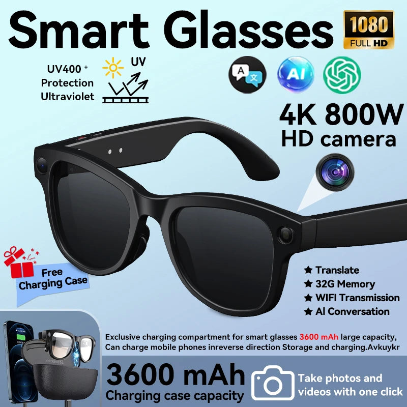 3600mAh Power Bank Smart Glasses 800W 4K HD Pixel 32GB Translation Bluetooth Music Ultra AI Smart Glasses with video camera 2026