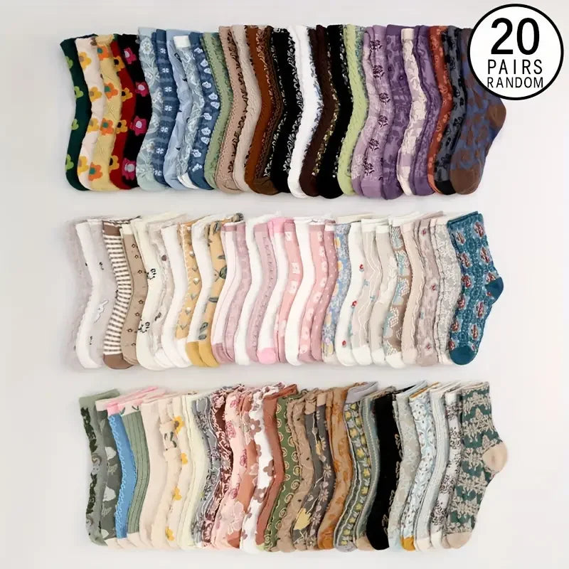 10/20 Double Mixed Vintage 3D Relief Design Women's Middle Socks Forest Plant Flowers Soft and Comfortable Casual Women's Socks
