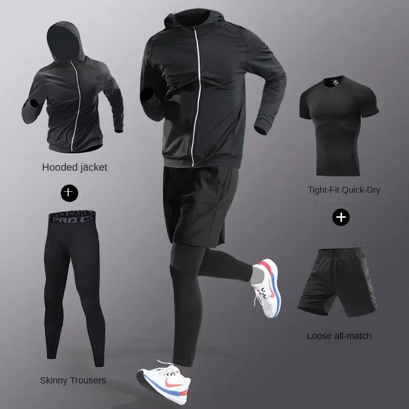 3-5Pcs Men's Ice Fiber Quick-Dry Running Fitness Full Set/Suit Tracksuit For Marathon, Training Cycling，Jogging,Gym