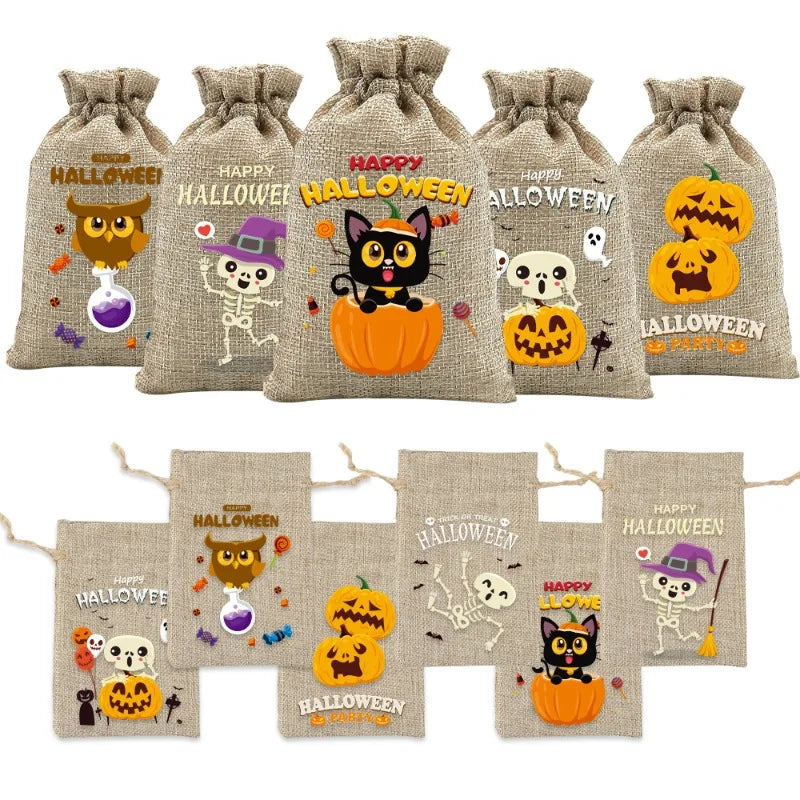 10pcs10X15cm Halloween Linen Drawstring Gift Bag Trick or Treat Party Children's Small Gifts Candy Packaging Storage Bag