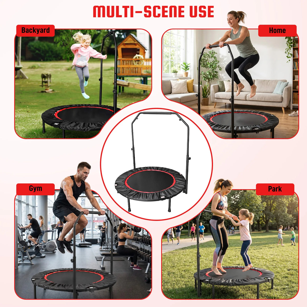 40-Inch Folding Rebounder Trampoline Fitness with Handlebar 716 lbs Weight Capacity Tool Free Assembly for Adults & Kids – Indoor & Outdoor Cardio Fat Burning & Body Shaping