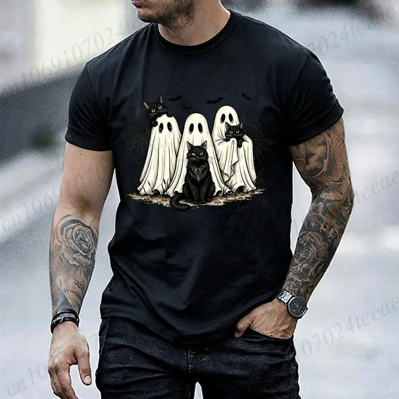 Retro Halloween Ghost & Black Cat Graphic T‑Shirt Men Women Spooky Ghost Cats Bat Spider Print Short Sleeve Holiday Party Tops