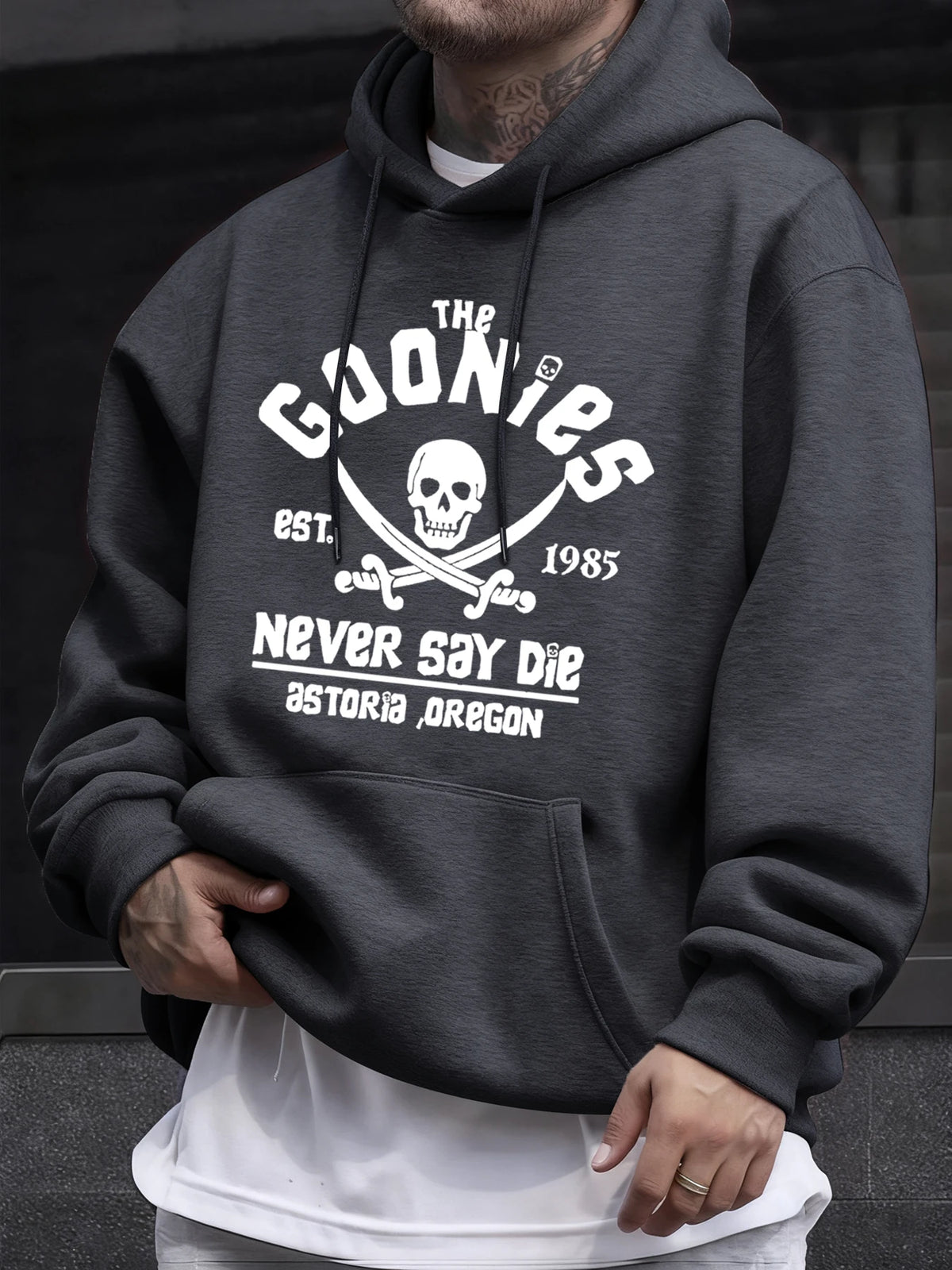 Distressed Goonies Never Say Die Mens Sweatshirt Fashion Casual Hoodies Soft Loose Pullovers Fleece Autumn Unisex Clothing