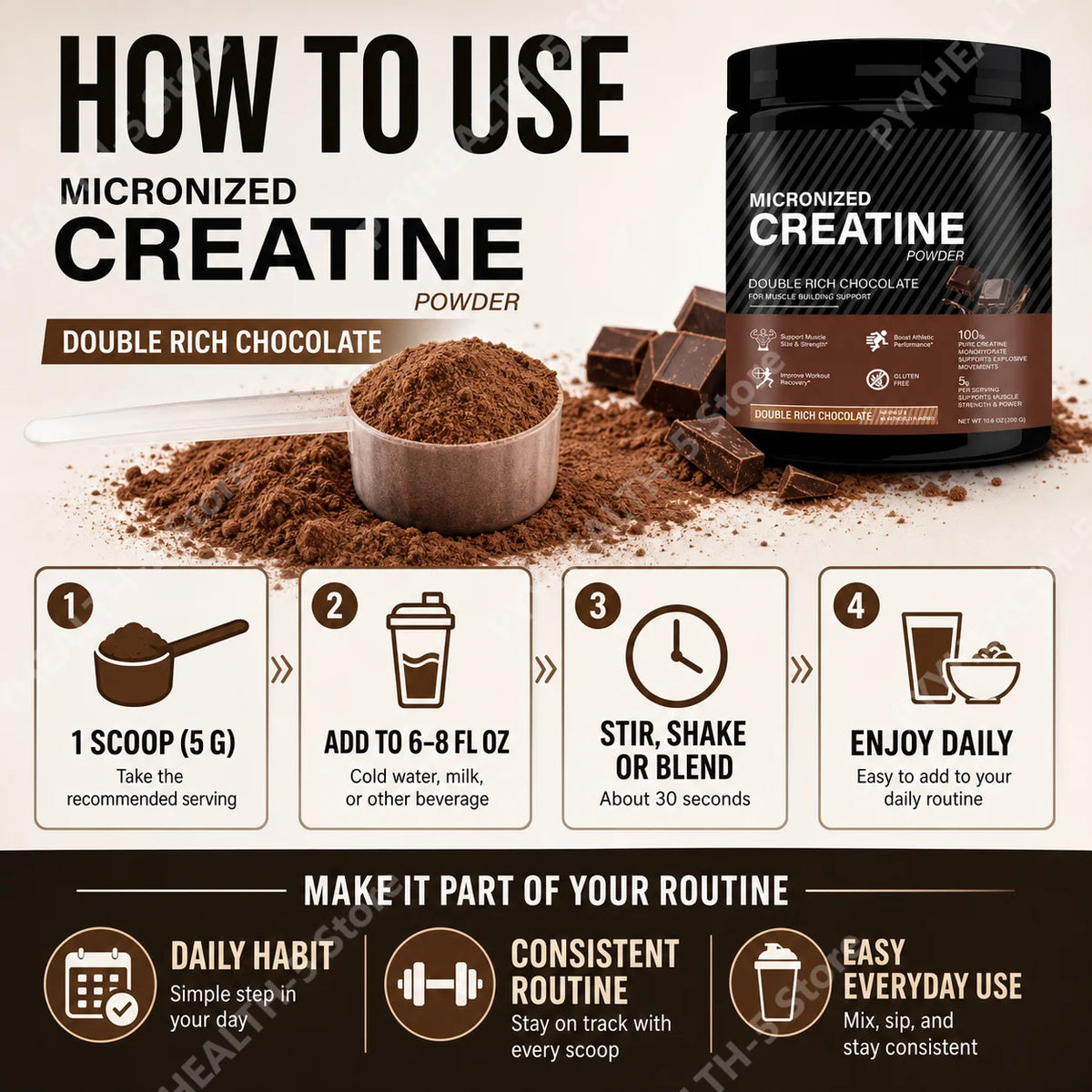 Creatine Monohydrate Powder 10.6 OZ Chocolate Flavor Sports Nutrition Support Athletic Performance Post‑Workout Muscle Recovery