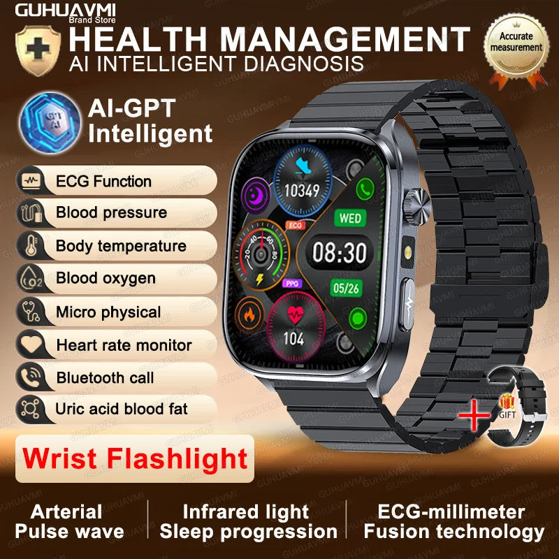 New Accurate Blood Pressure Smart Watch Uric Acid ECG+PPG Blood Oxygen Body Analysis Body Fat LED Flashlight smart watches 2025