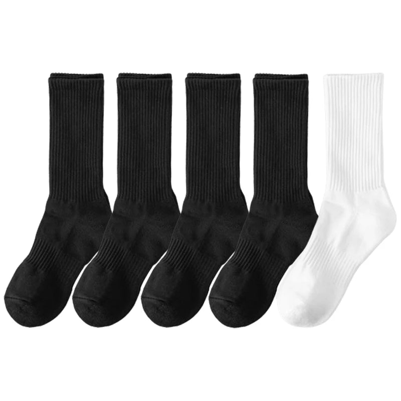 5 Pairs/lot Pure Cotton Men's High Socks Classic Black White Breathable Sweat-Absorbent Women's Autumn Warm Elastic Sports Socks