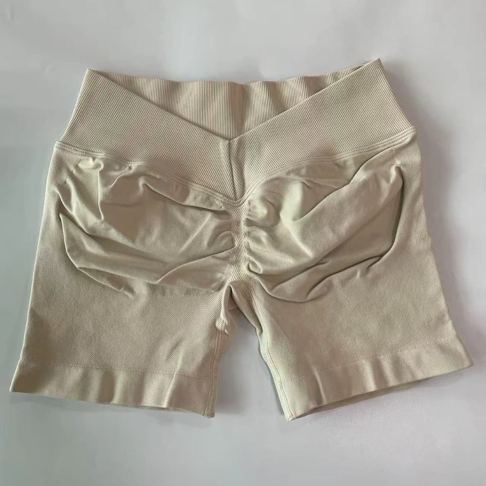No Logo Women Back V Waist Yoga Shorts High Elastic Seamless Flex Scrunch Bum Workout Gym Shorts Yoga Booty Running Short Pants