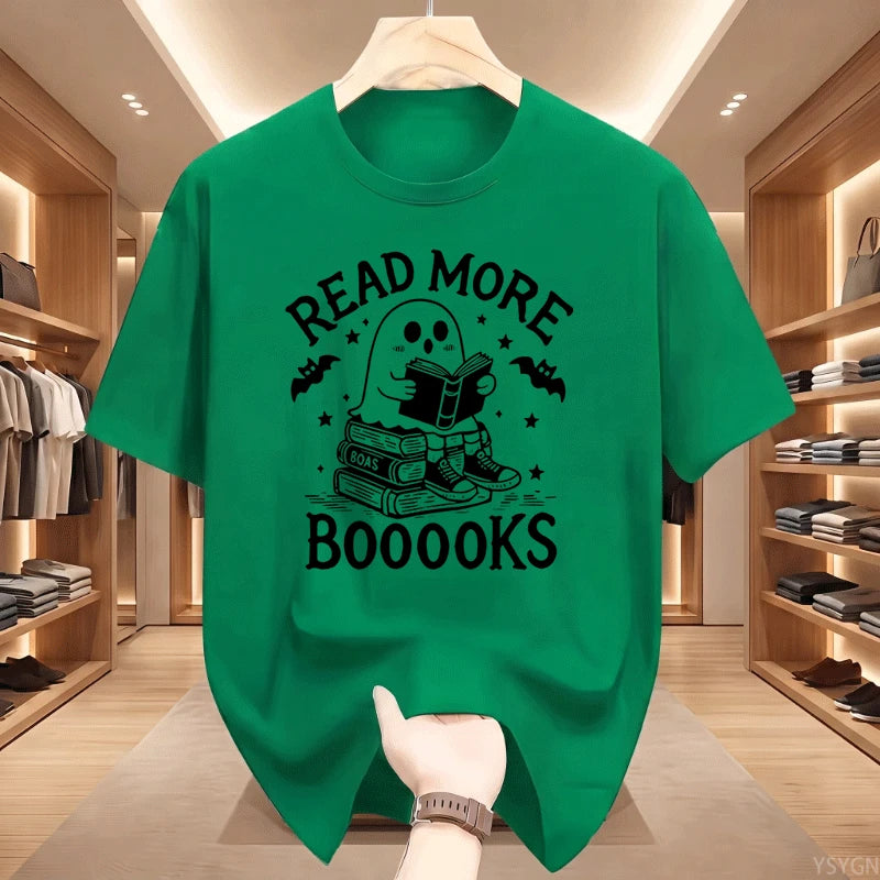 Read More Booooooks Ghost Book Lover T‑Shirt Cute Ghost Reading Book Stack Bat Star Spooky Halloween Bookworm Pun Quote Tops Tee