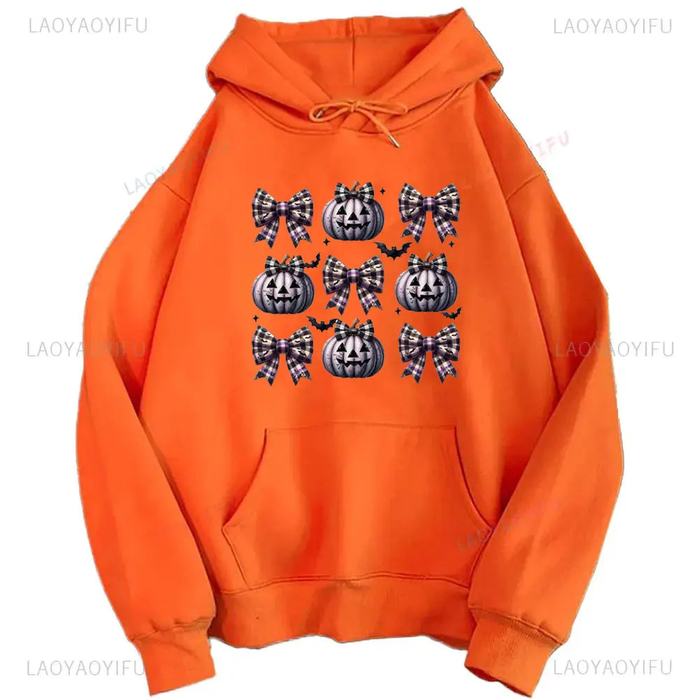 2024 Halloween Orange Hoodie Kawaii Halloween Pumpkin bowknot Women's Hoodie Harajuku Halloween Print Autumn Warm Unisex Hoodie