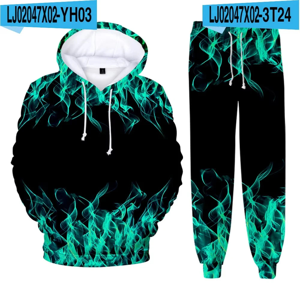 Men's Hoodie Pant Set Blue Flame 3d Print Sets Men Women Fashion Hoodie +Pants 2Pcs Sets Sports Casual Two Piece Tracksuit Suits