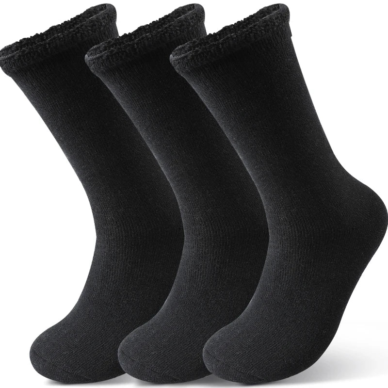 3Pairs Men's Fleece Lined Thermal Crew Socks Winter Plush Mid-Calf for Snow & Indoor Dark Solid Comfort Terry Socks Daily Wear