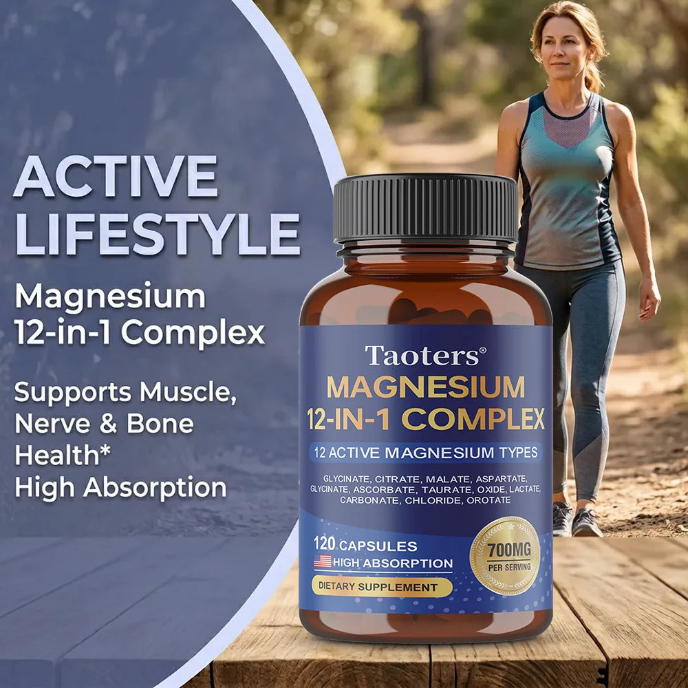 Magnesium 12-in-1 Complex Supplement – 700mg High Absorption Glycinate, Citrate, Malate & Taurate Blend for Muscle, Nerve, Sleep