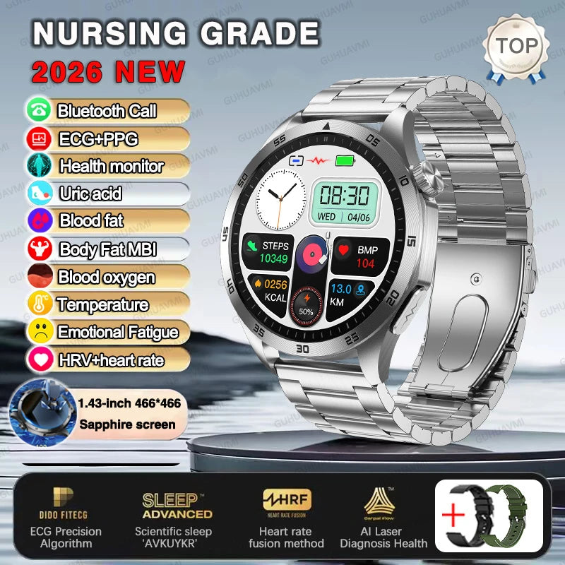 2026 New ECG+PPG Smart Watch Men Treatment Blood Pressure Uric acid Lipids Smartwatch Bluetooth Call Body analysis Health Clock