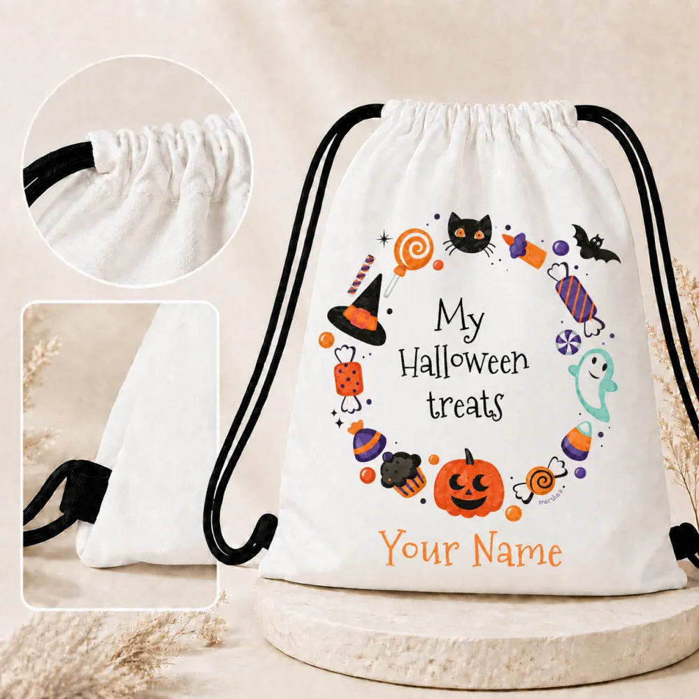 Personalized My Halloween Treats Drawstring Backpack Custom Name Kids Halloween Candy Bag Children Trick Or Treat Sack