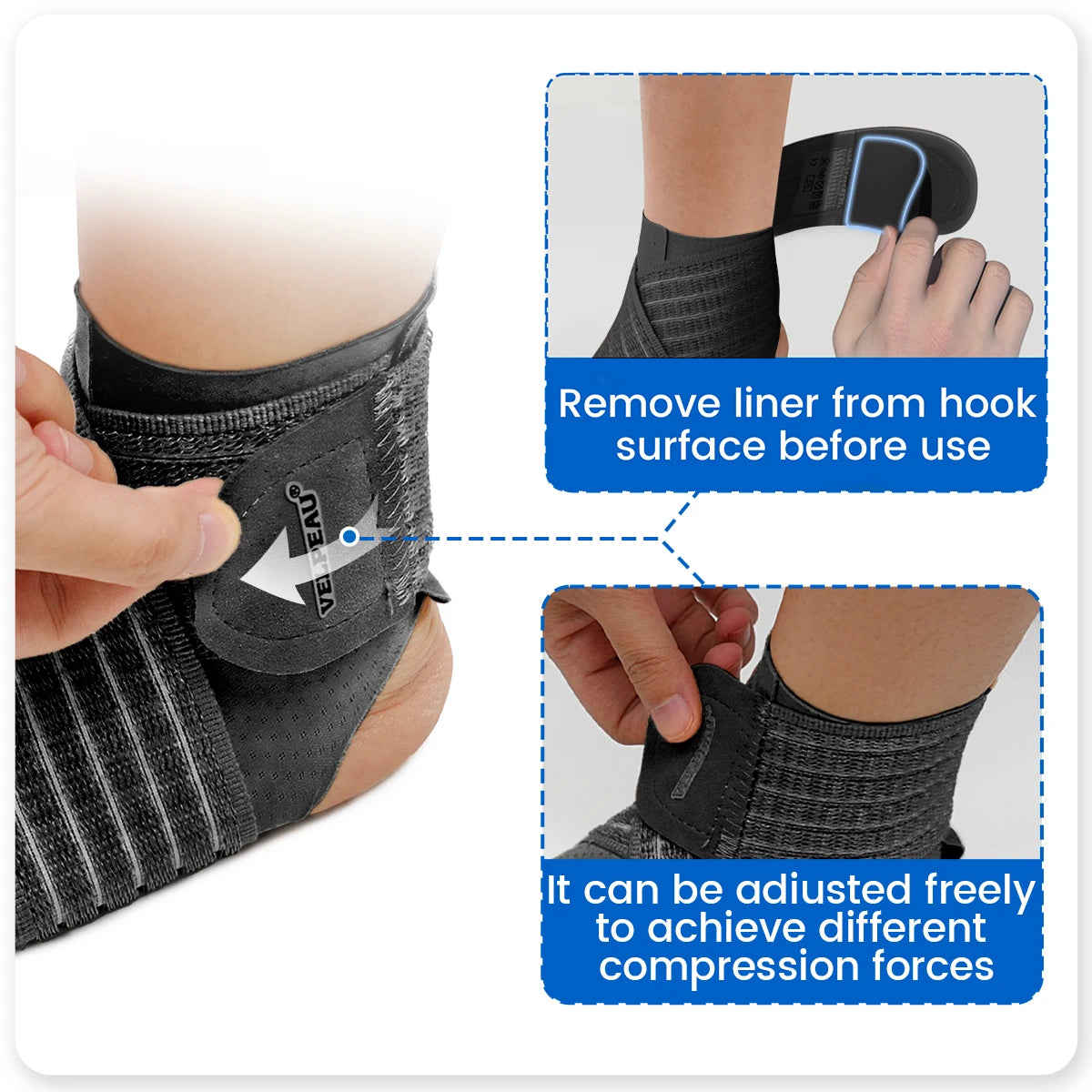 VELPEAU Ankle Support Brace, Ankle Compression Sleeve with Adjustable Strap for Sports Running Cycling and Plantar Fasciitis
