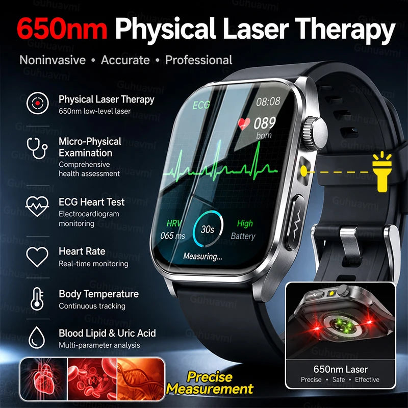 Health Managed Non-Invasive Laser Physiotherapy Smart Watch Blood Pressure Uric Acid Call ECG+PPG 650nm Laser Smart Watch 2026