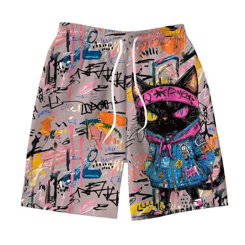 Cool Men's Hawaiian Swimming Trunks 3D Graffiti Kitten Macaron Shorts Quick-drying Outdoor Leisure Sports Fashion Men's Shorts