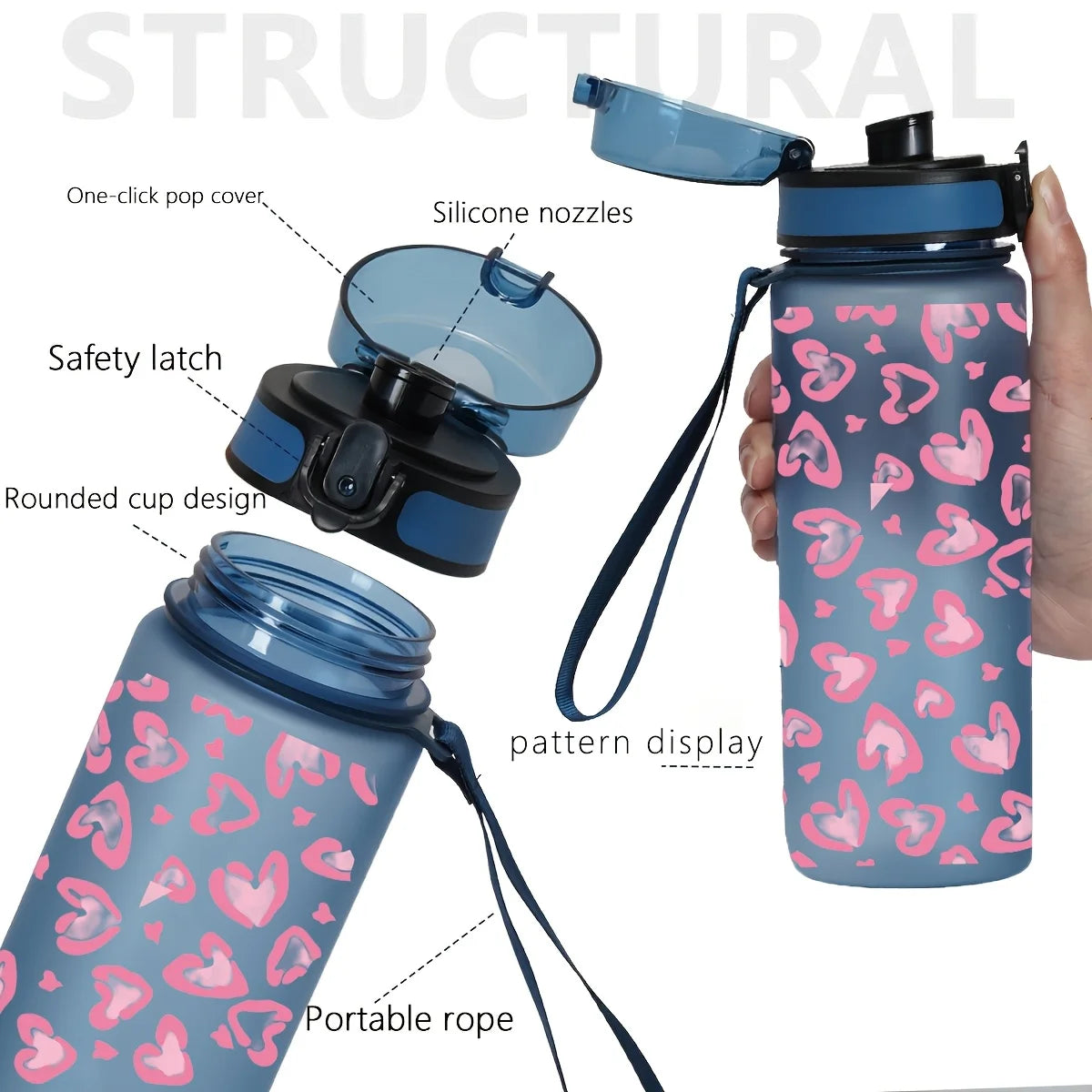 1Pc 750ml Heart Print Water Bottle, Leakproof Flip Top Sports Bottle with Lanyard, Portable Travel Gym Drinking Cup for Women Gi