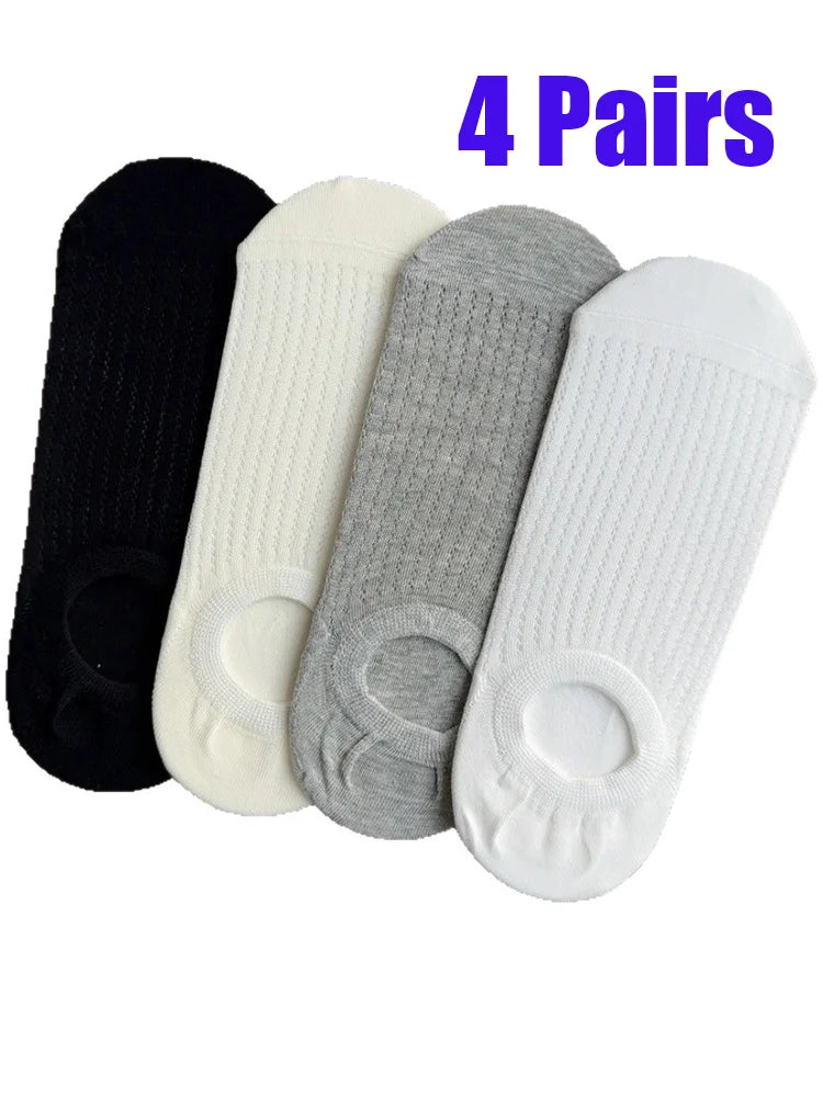4 Pairs Women Summer Thin Breathable Non Slip Low Cut Invisible Boat Socks Casual Solid Color Comfortable Mesh Socks For Ladies