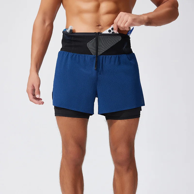 Mens Summer Running Shorts Double Layer Fake Two Piece Marathon Fitness Basketball Hiking Quick Dry Breathable Outdoor Sports
