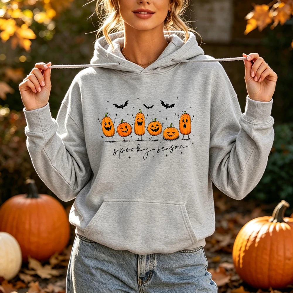 Spooky Season Cute Pumpkin Jack O Lantern Print Hoodie Women Halloween Fall Autumn Funny Graphic Long Sleeve Pullover Top