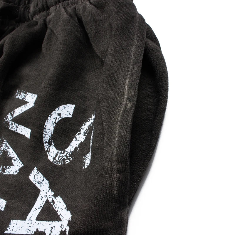 Summer SATOSHI Shorts Vintage Distressed Washed Faded Classic Letter Print Drawstring Pants Hiphop Street Five Point Sweatpants