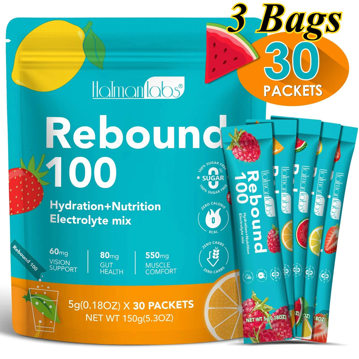 HolmanLabs Rebound 100 Electrolyte Supplement Powder Sugar Free Hydration Gut Vision Muscle Health Vitamins C B6 B12 30 Packets