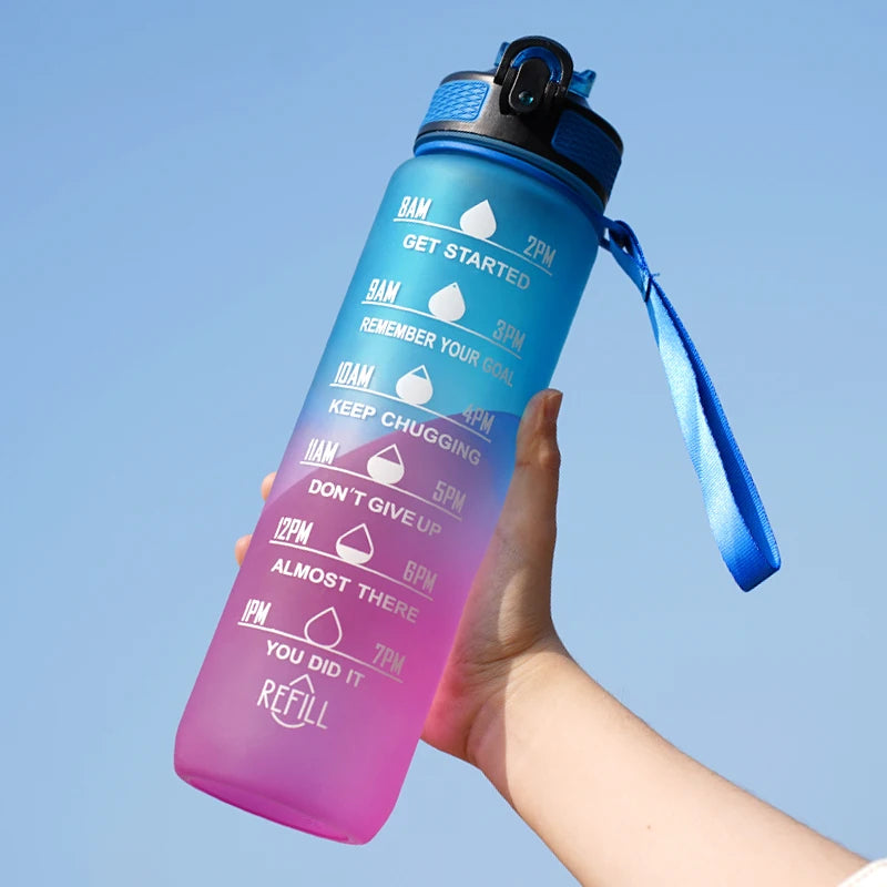 1L Water Bottle 12 Colors Leak Proof with Time Mark Drink and Straw Motivational Drinking Sports Water Bottle for Outdoor Hiking