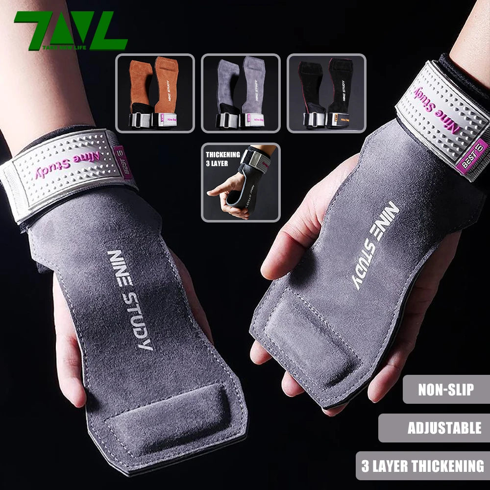1 Pair Premium Anti-Slip Wrist Wrap Lifting Straps Grips Fitness Gloves for Gym Training Deadlifting 3 Layer Leather
