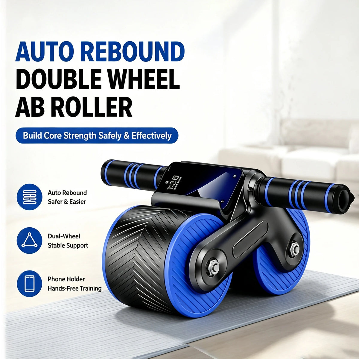 Auto Rebound Double Wheel Ab Roller with Phone Holder Non-Slip Abdominal Workout Wheel Home Core Trainer for Beginner Fitness