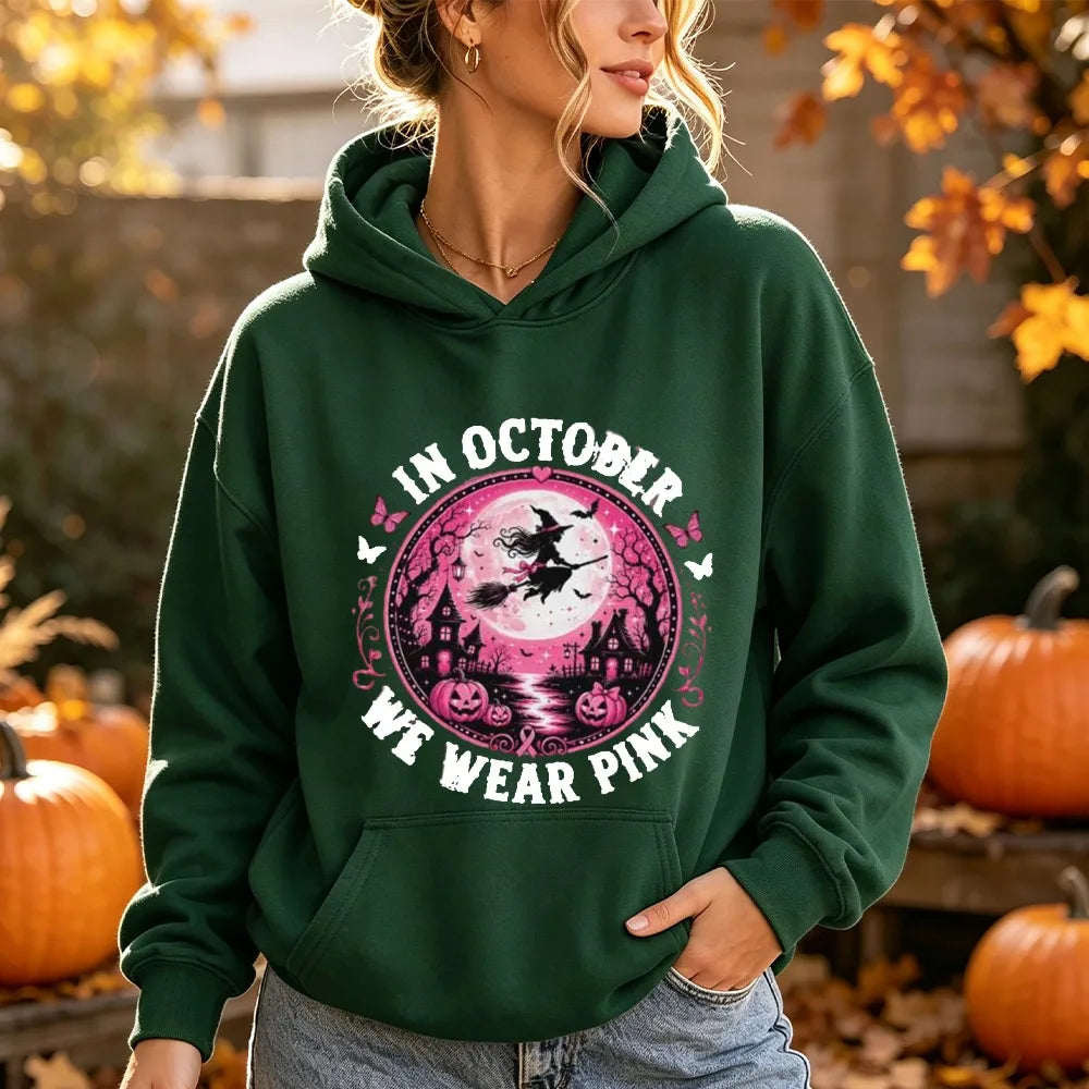In October We Wear Pink Print Hoodie Halloween Witch Graphic Pullover Pink Ribbon Survivor Support Long Sleeve Blouse Hoodies