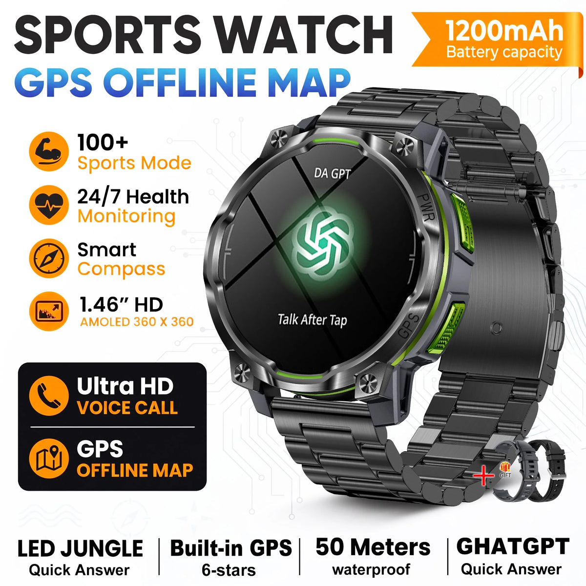 New Technology 2026 Offline Map GPS Smart Watch Men 1200mAh Battery Waterproof Compass Altimeter 100+Sports Military Smart Watch