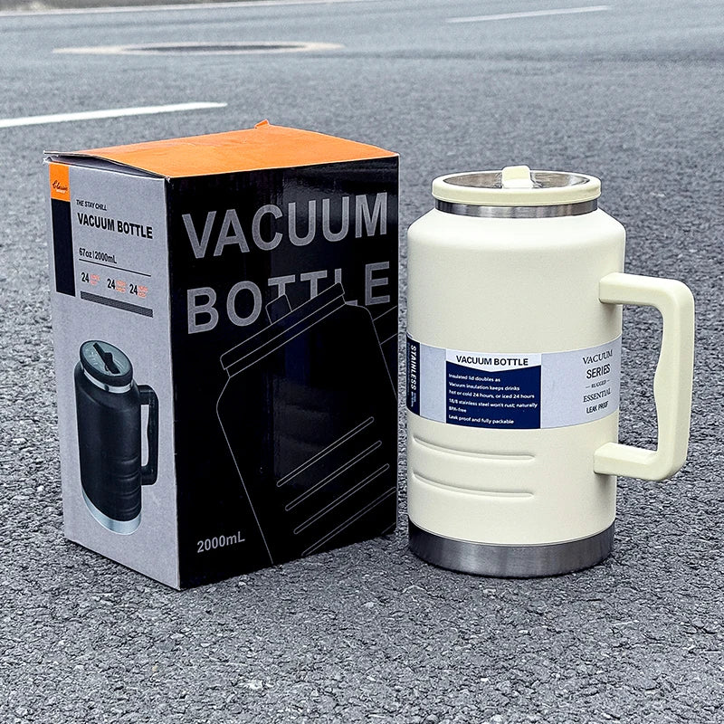 1pc Stainless Steel Insulated Cup, 2000ml Large-Capacity Handheld Gallon Water Jug, Fitness Sports Water Bottle Companion