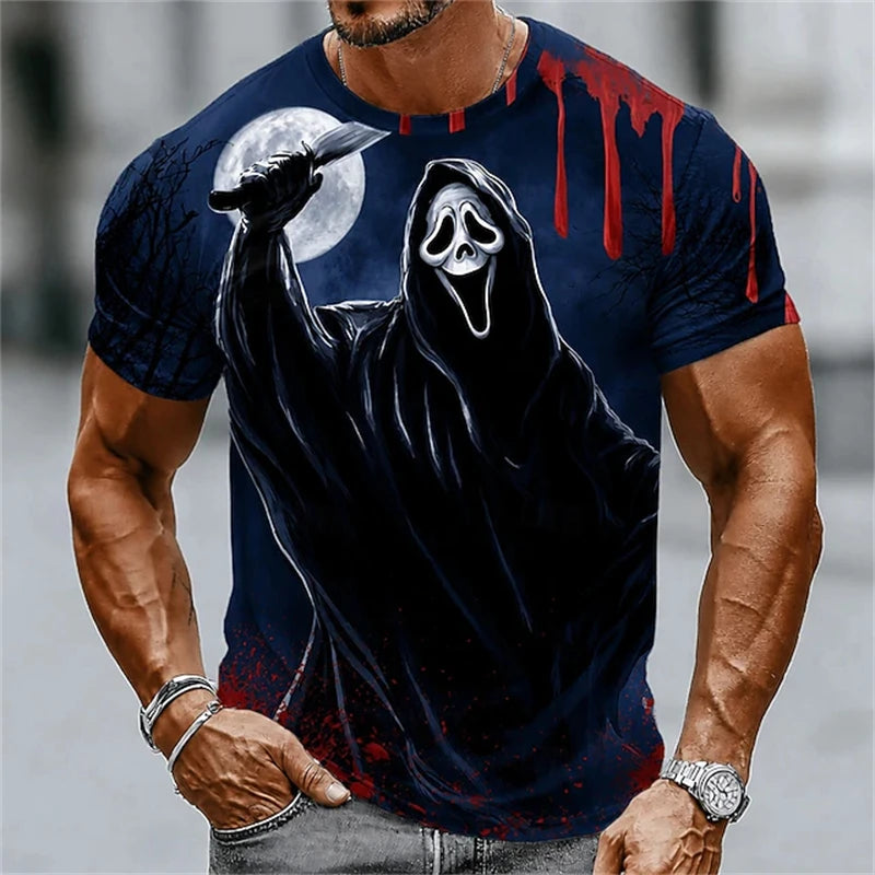 New Men's Halloween Crew-Neck Short-Sleeve T-Shirt Soldier Skull Blood Splatter Print Casual Streetwear Holiday Party Top