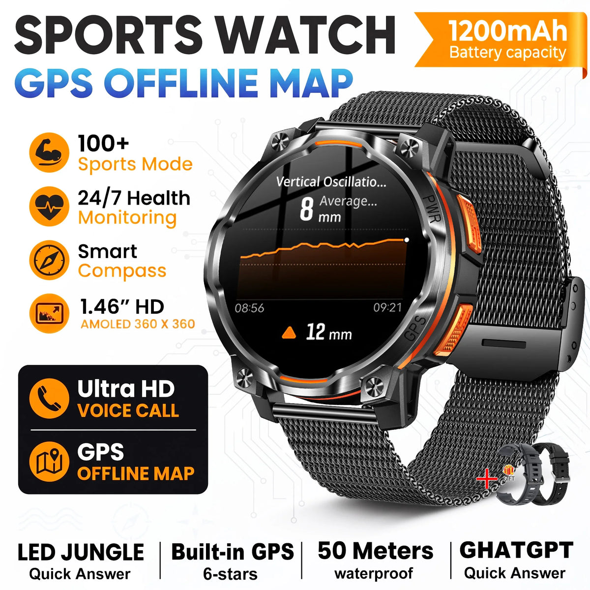 New Technology 2026 Offline Map GPS Smart Watch Men 1200mAh Battery Waterproof Compass Altimeter 100+Sports Military Smart Watch