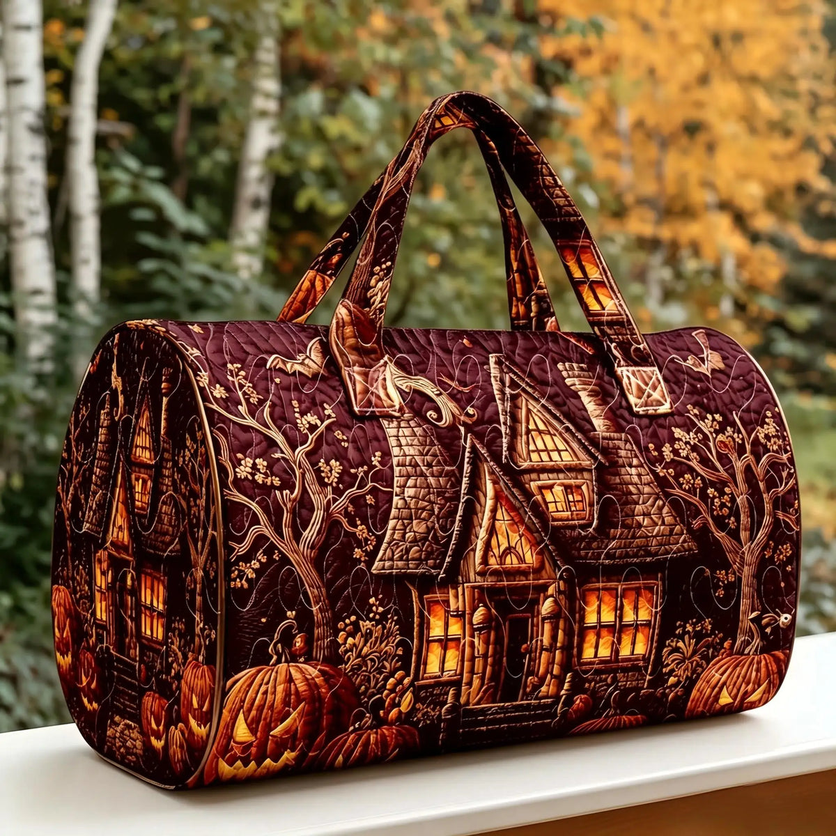 Halloween Quilted Luggage Bag Ghost Castle Weekend Bag Large Capacity Autumn Travel Gym Women's Overnight Short Trip Tote Bag