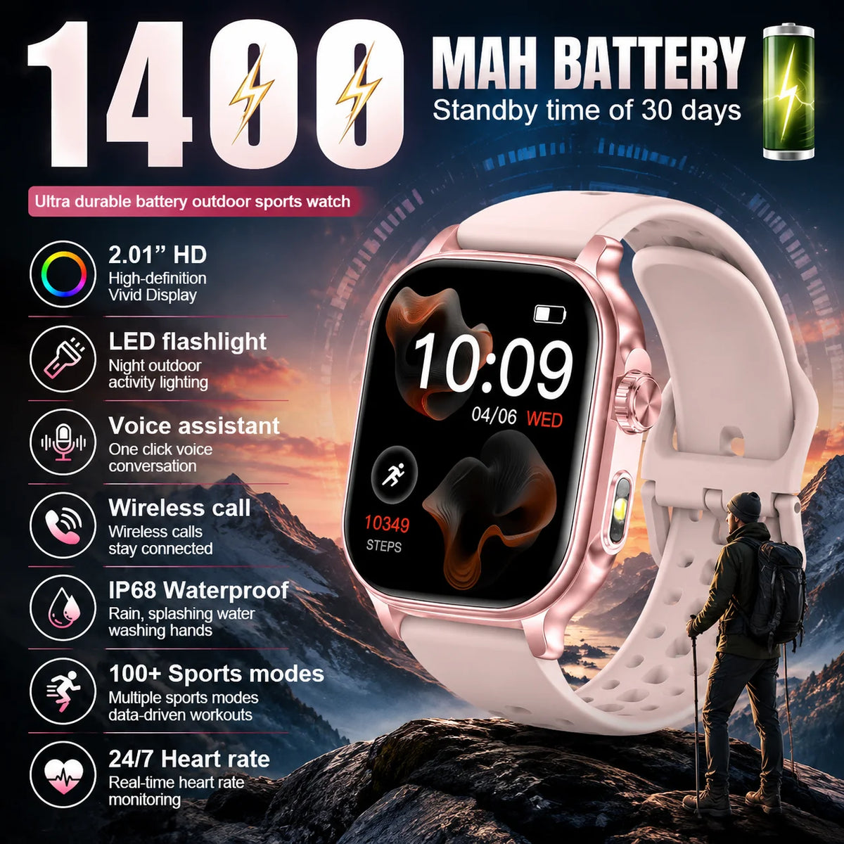 1400mAh Battery Smart Watches Women Outdoor GPS Trajectory Flashlight IP68 Waterproof Bluetooth Call Military Sports Smartwatch
