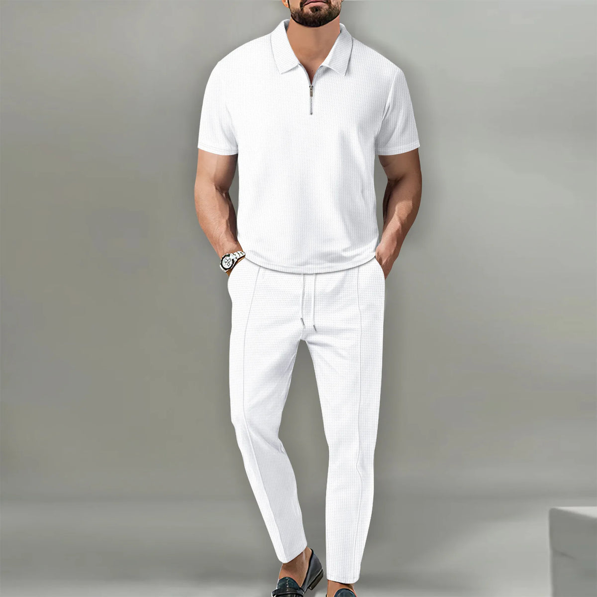 Autumn New European and American Men's Solid Color Casual Comfort Set, Pants, Short Sleeves, Zipper Set