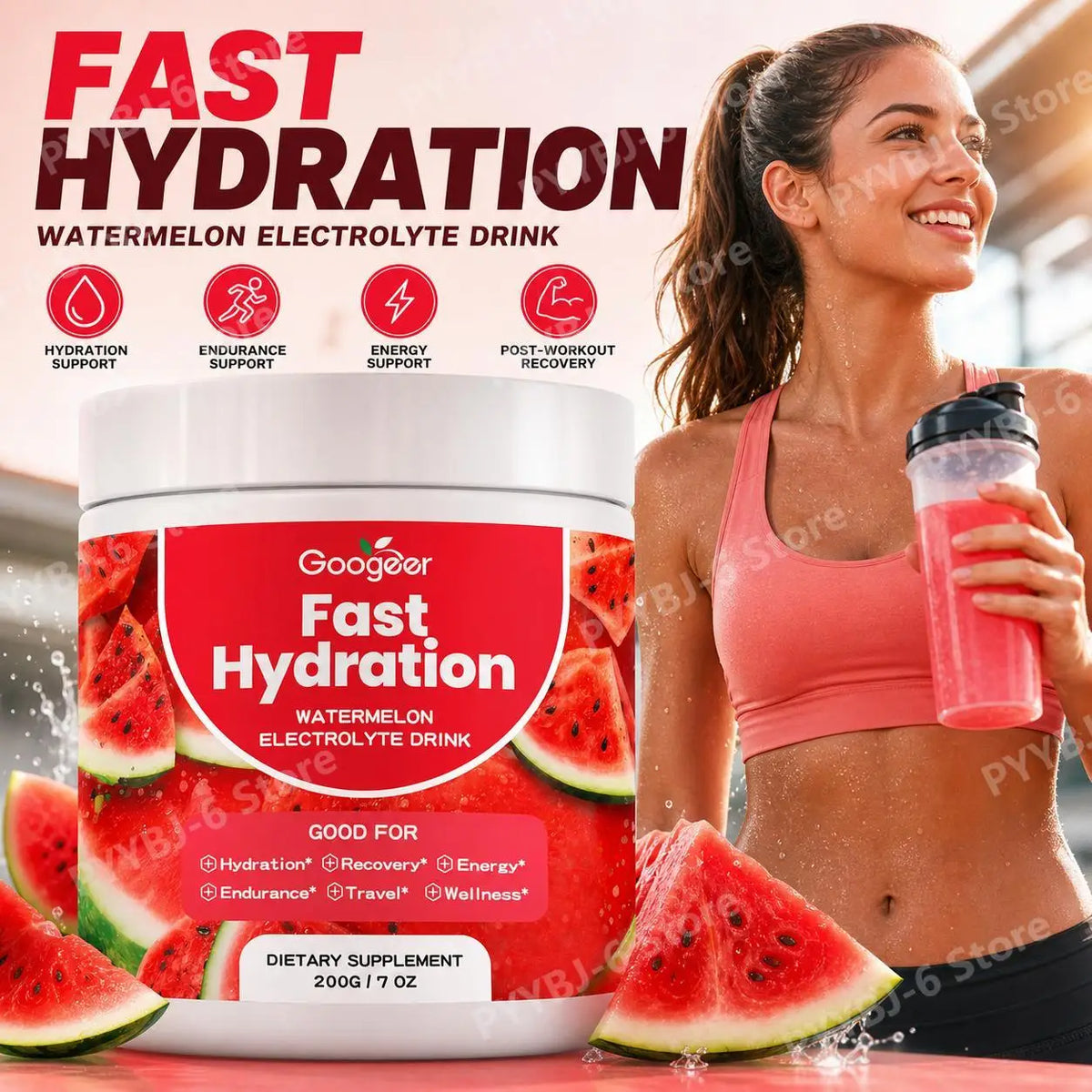 Googeer Watermelon Electrolyte Drink Powder for Post-Workout Recovery, Hydration Support, Daily Energy Levels and Endurance 200g