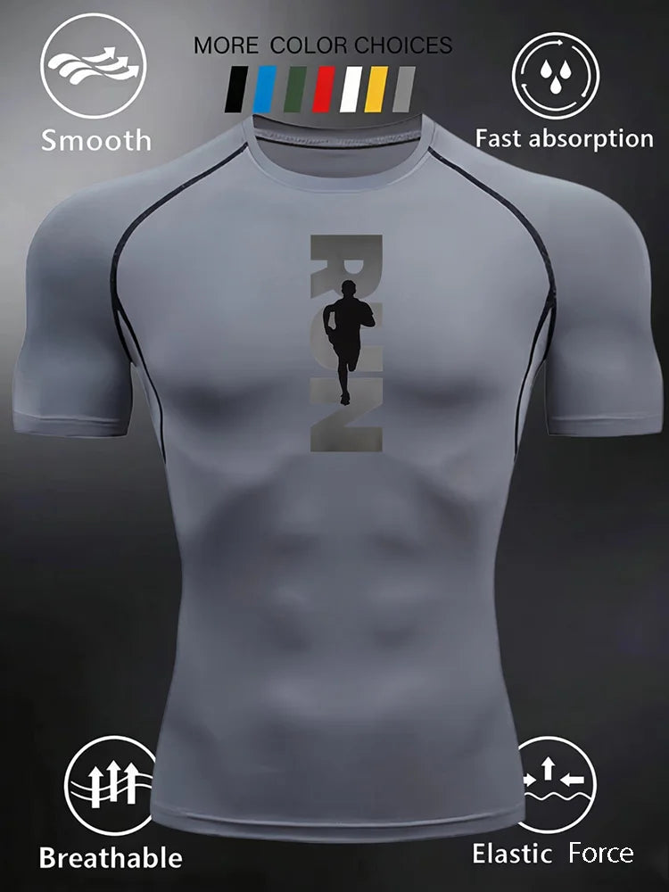 Men's and Women's Matching Short Sleeve T-Shirt with Pressed Design Printed RUN Pattern Fitness Top Suitable for Running - J34
