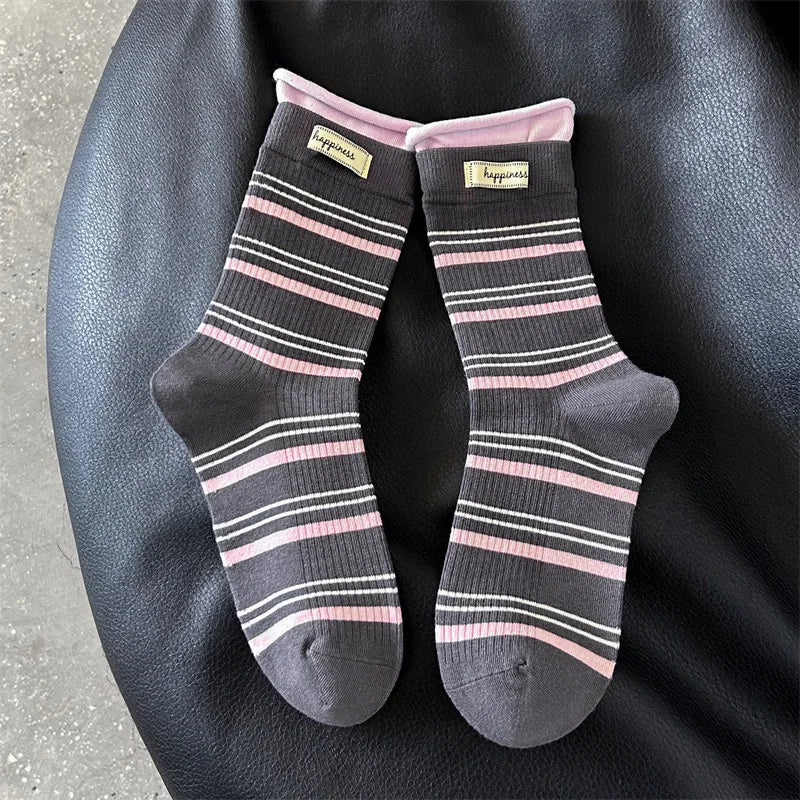 5 Pairs Women's Socks Pack High-quality Pile Socks For Girl Korean Striped Simple Fashionable Versatile Sweet Middle Tube Socks