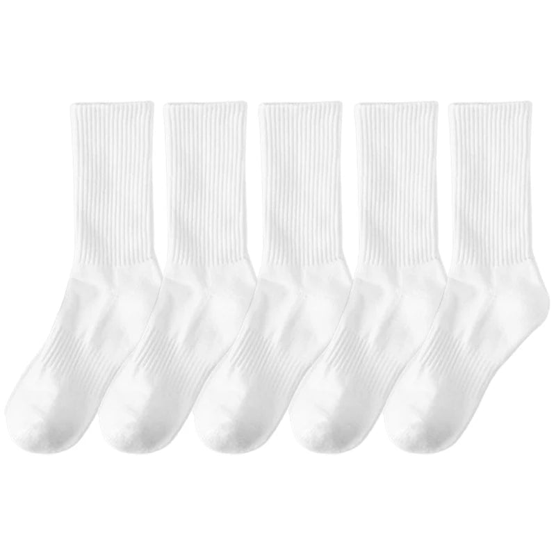 5 Pairs/lot Pure Cotton Men's High Socks Classic Black White Breathable Sweat-Absorbent Women's Autumn Warm Elastic Sports Socks