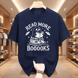Read More Booooooks Ghost Book Lover T‑Shirt Cute Ghost Reading Book Stack Bat Star Spooky Halloween Bookworm Pun Quote Tops Tee
