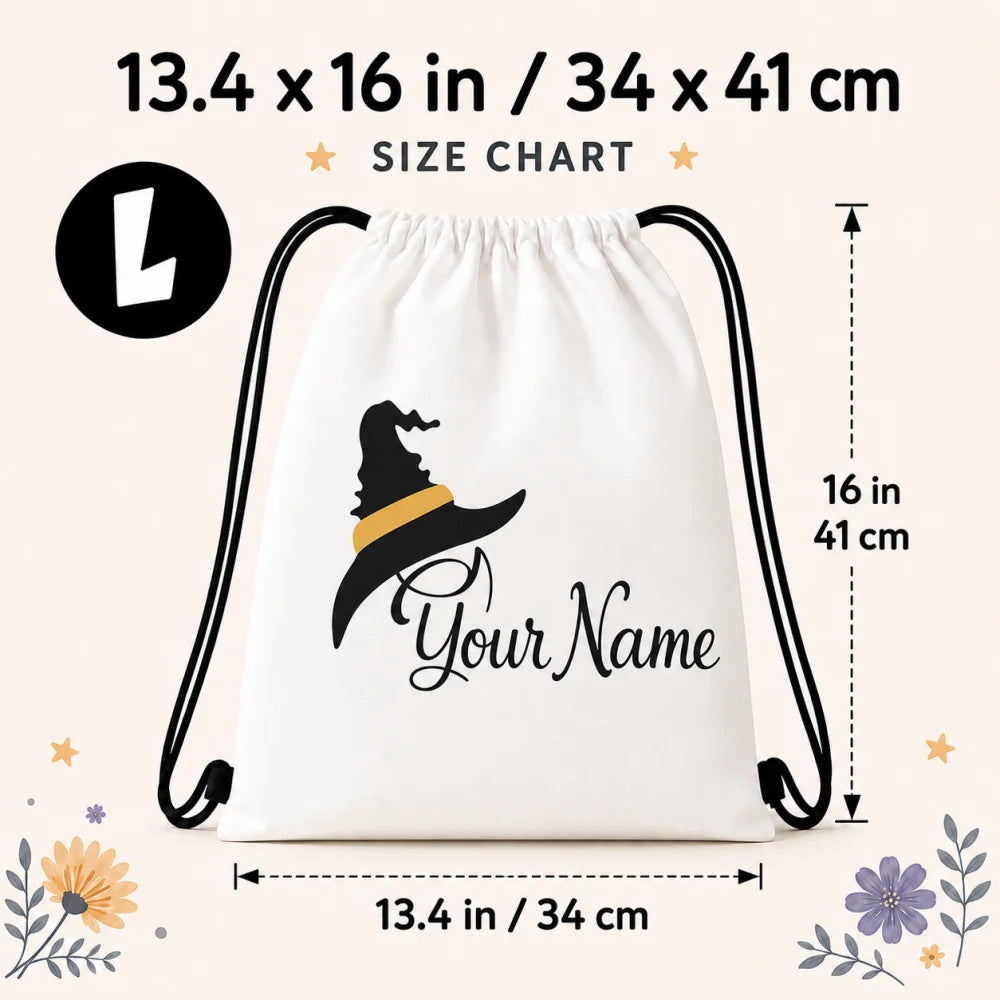 Custom Name Minimalist Witch Hat Drawstring Backpack,Halloween Black Wizard Hat Yellow Band Print Lightweight String Storage Bag