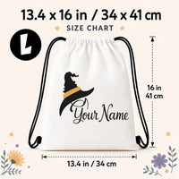 Custom Name Minimalist Witch Hat Drawstring Backpack,Halloween Black Wizard Hat Yellow Band Print Lightweight String Storage Bag