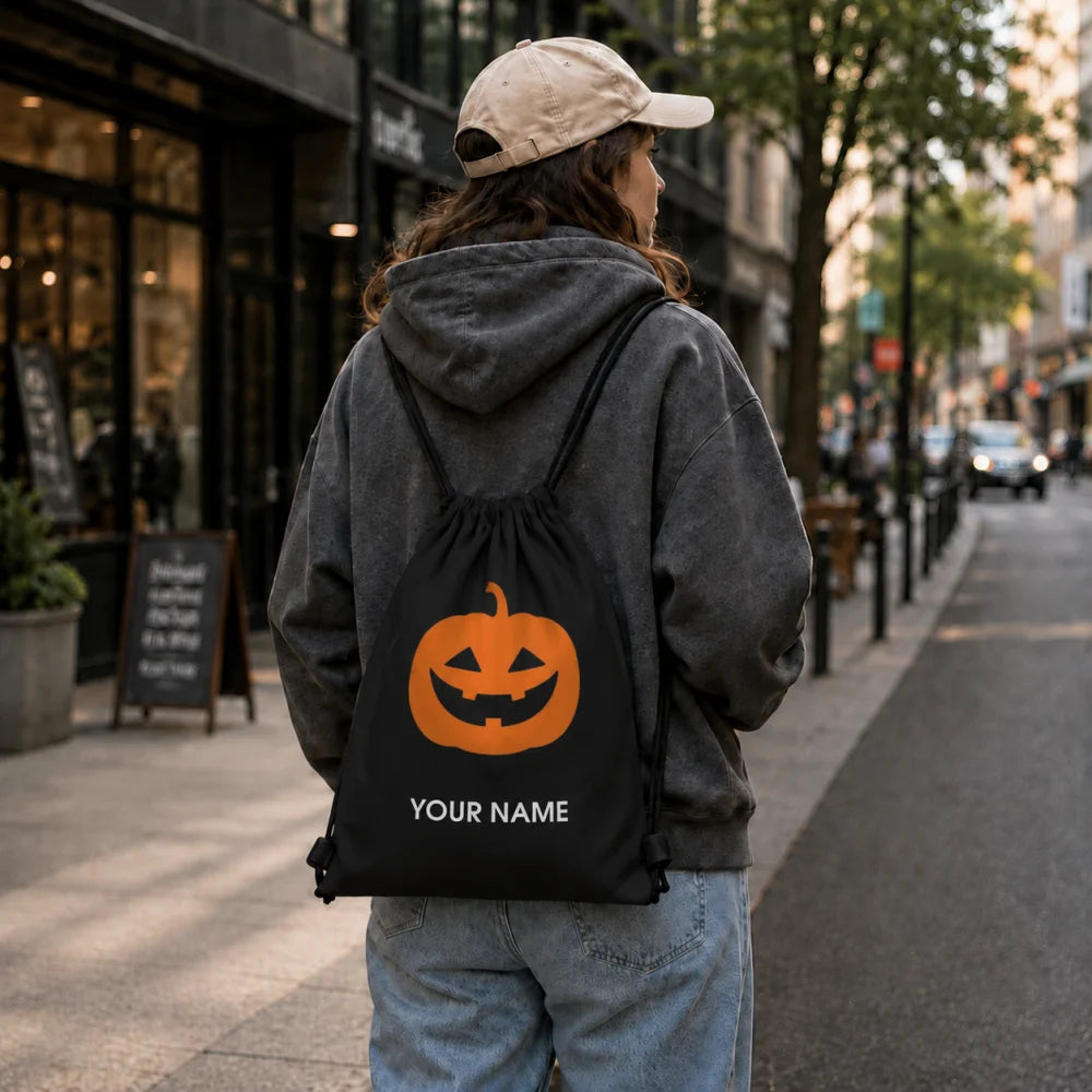 Kids Personalized Halloween Drawstring Backpack Trick Or Treat Candy Corn Custom Name Festival Sack Bag 34x41cm