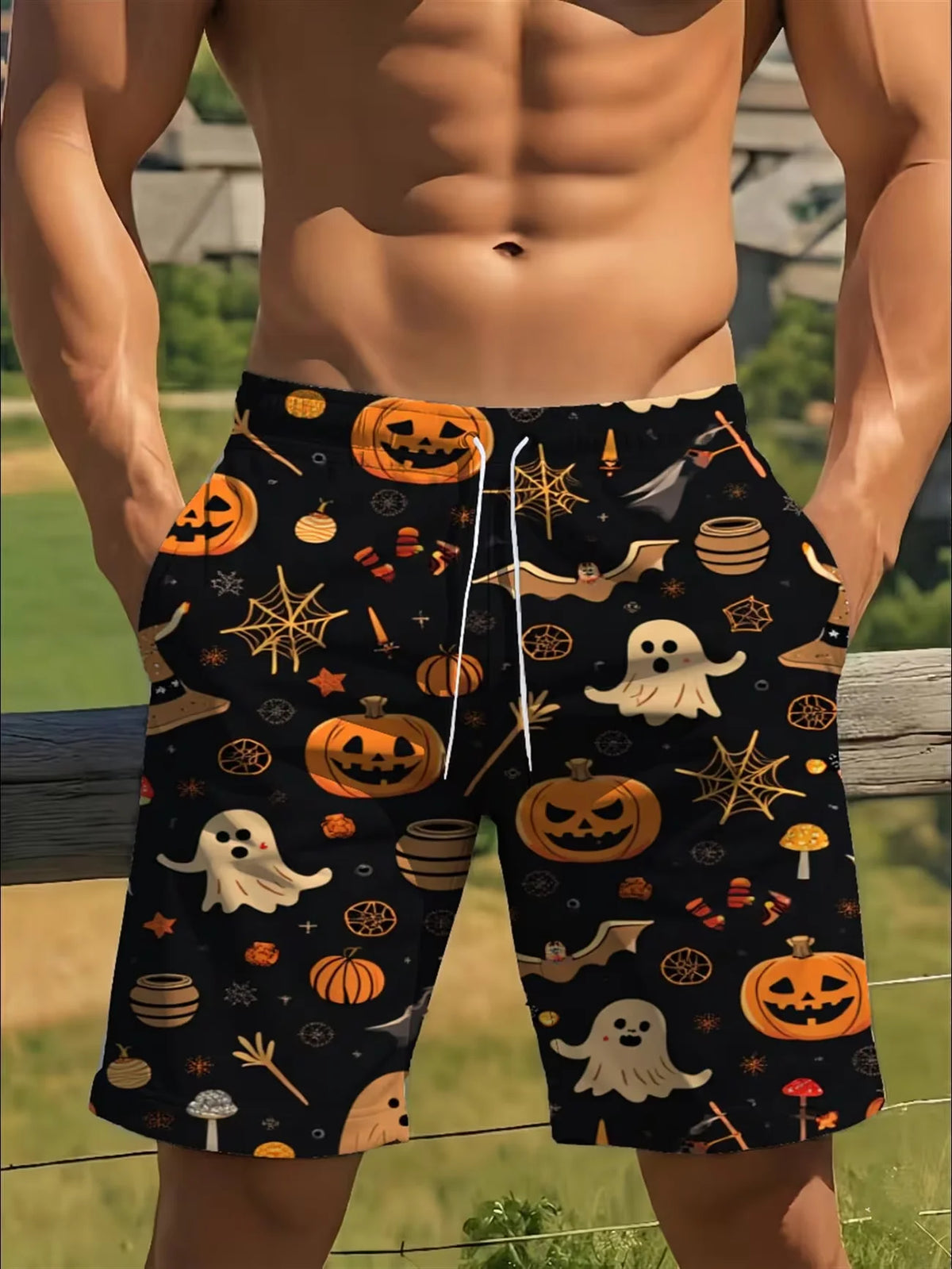 Summer Men's Women's Quick-Drying Beach Shorts Halloween Pumpkin Printed Shorts Beach Swimming Party and Outdoor Sport Shorts
