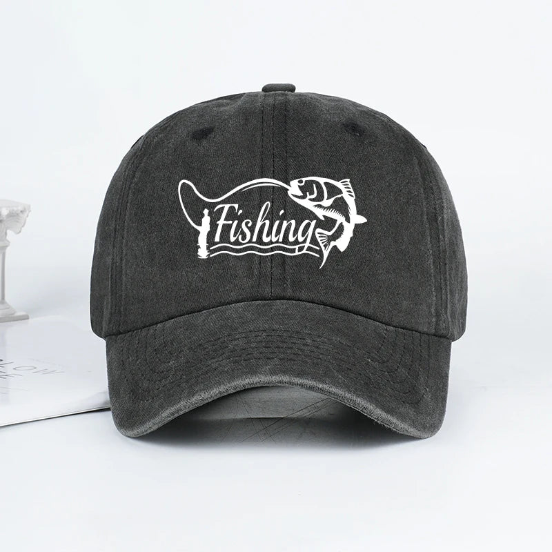 Classic Fishing Quote Print Washed Baseball Cap Adjustable Unisex Gift For Fishermen & Dad