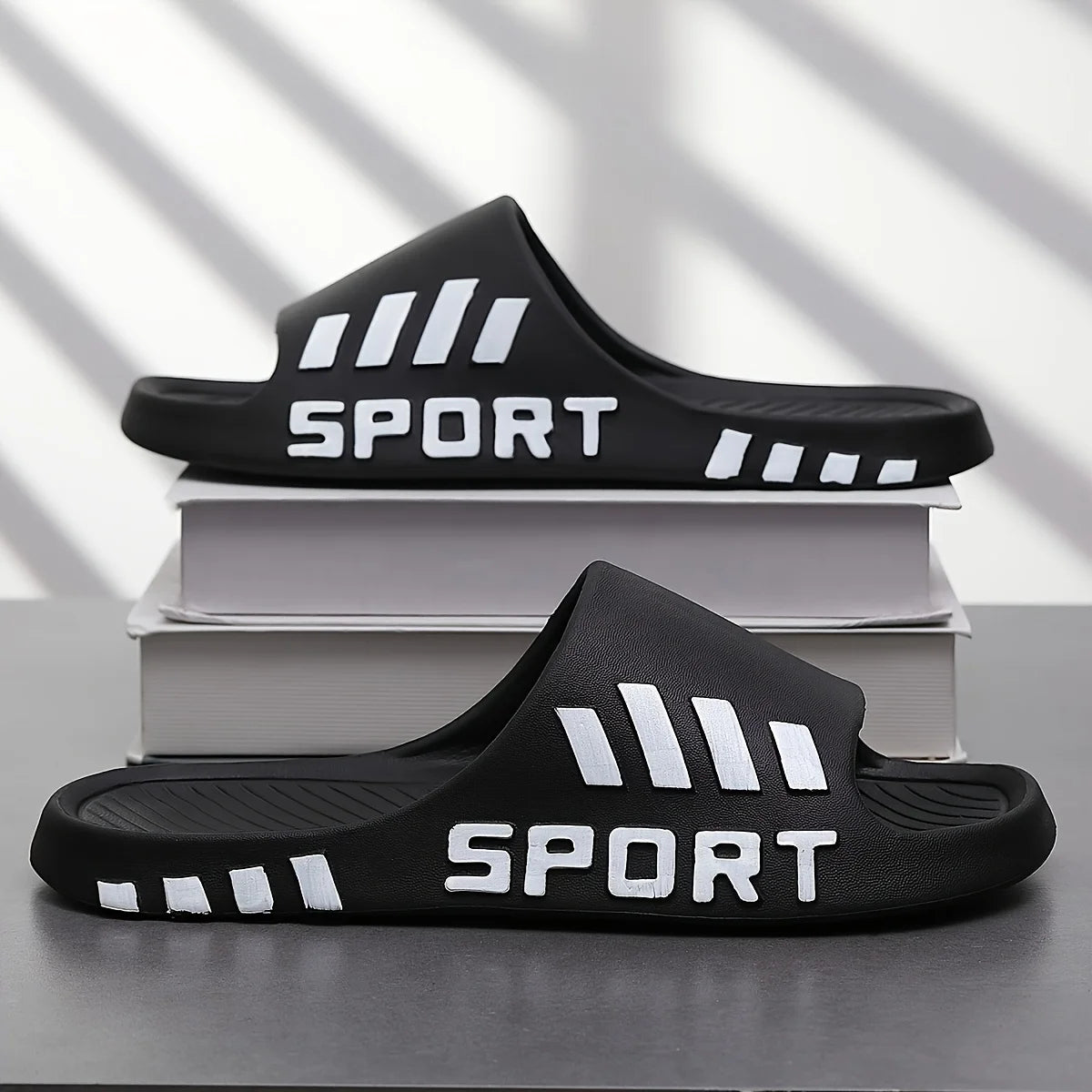 Men Sport Letter Print EVA Slides Striped Decor Non Slip Soft Thick Sole Indoor Outdoor Slippers